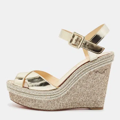 CHRISTIAN LOUBOUTIN GOLD LEATHER ALMERIA ESPADRILLE WEDGE SANDALS SIZE 37