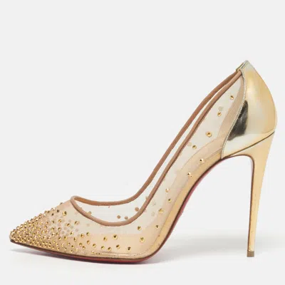 CHRISTIAN LOUBOUTIN GOLD LEATHER AND MESH FOLLIES STRASS PUMPS SIZE 39