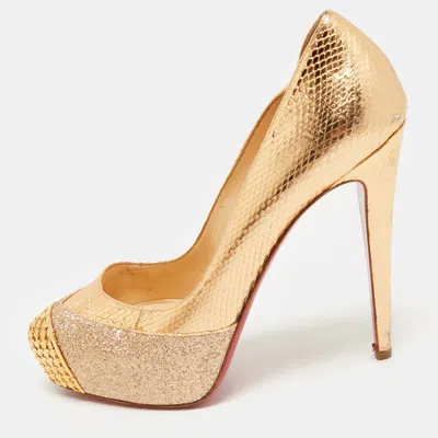 CHRISTIAN LOUBOUTIN MAGGIE GLITTER & SNAKESKIN EMBOSSED LEATHER PLATFORM PUMPS SIZE 38
