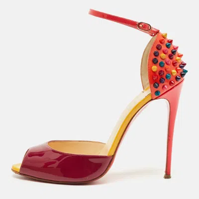 CHRISTIAN LOUBOUTIN MULTICOLOR PATENT LEATHER PINA SPIKE ANKLE STRAP SANDALS SIZE 38.5