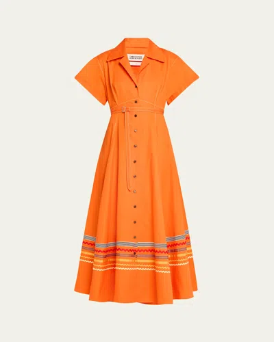 CHRISTOPHER JOHN ROGERS EMBROIDERED SHORT SLEEVE BELTED SHIRTDRESS