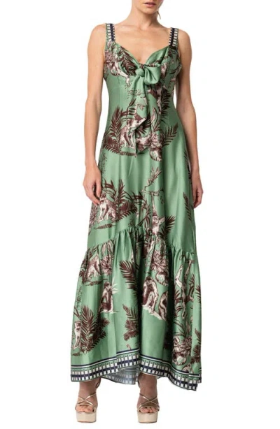 CIEBON CIEBON KIRA PRINT FRONT TIE SATIN MAXI DRESS