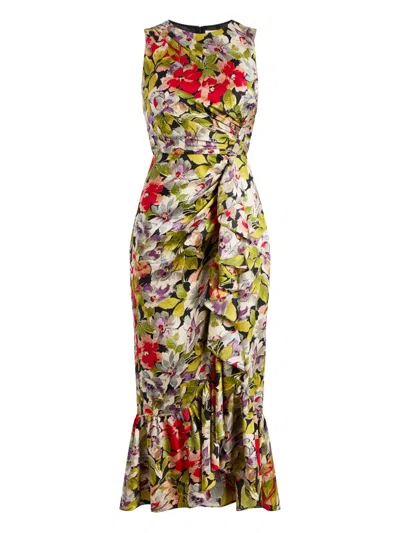 CINQ À SEPT CANYON BLOOM ELVIRA FLORAL RUFFLED MIDI DRESS