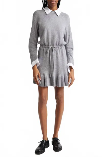 CINQ À SEPT KIANA PEARL NECKLACE LONG SLEEVE SWEATER DRESS IN HEATHER GREY/ WHITE