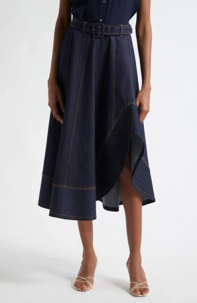 CINQ À SEPT CINQ À SEPT ZELDA DENIM ASYMMETRIC MIDI SKIRT