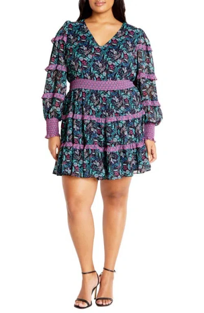 CITY CHIC CITY CHIC HOLLIE PRINT LONG SLEEVE TIERED DRESS