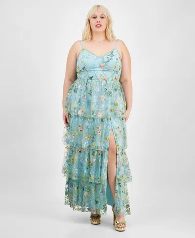 CITY STUDIOS TRENDY PLUS SIZE FLORAL EMBROIDERED TIERED SLEEVELESS GOWN