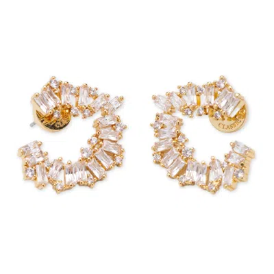 CLASSICHARMS WOMEN'S GOLD CRESCENT BAGUETTE CUBIC ZIRCONIA STUD EARRINGS