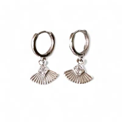 CLEMENCE WREN WOMEN'S ART DECO GEMSTONE FAN CHARM HUGGIE EARRINGS - SILVER