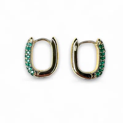 CLEMENCE WREN WOMEN'S GREEN / GOLD OVAL PAVE GEMSTONE GOLD HUGGIE EARRINGS - EMERALD GREEN