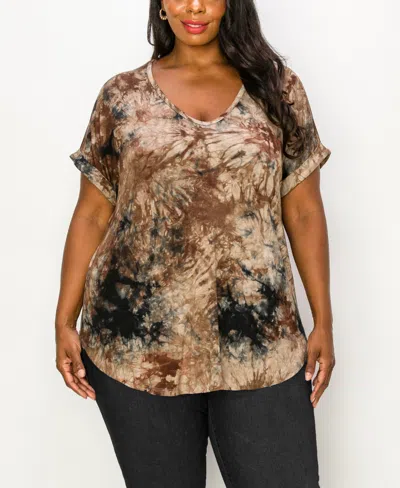 COIN 1804 PLUS SIZE TIE DYE V-NECK ROLLED SHORT SLEEVE TOP