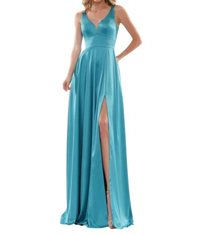 COLORS DRESS DEEP V-NECK SATIN A-LINE GOWN IN TEAL