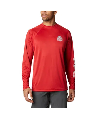 COLUMBIA MEN'S COLUMBIA SCARLET OHIO STATE BUCKEYES TERMINAL TACKLE OMNI-SHADE RAGLAN LONG SLEEVE T-SHIRT