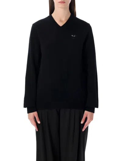 COMME DES GARÇONS PLAY COMME DES GARÇONS PLAY COMME DES GARÇONS PLAY WOOL V-NECK SWEATER WITH BLACK HEART AND CRYSTALS