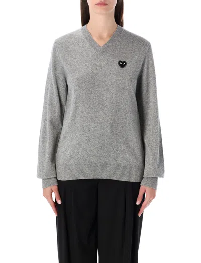 COMME DES GARÇONS PLAY COMME DES GARÇONS PLAY COMME DES GARÇONS PLAY WOOL V-NECK SWEATER WITH BLACK HEART AND CRYSTALS