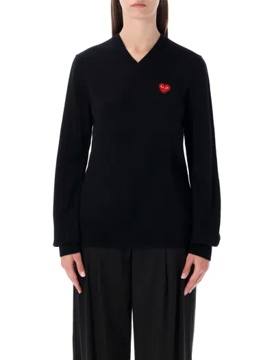 COMME DES GARÇONS PLAY COMME DES GARÇONS PLAY COMME DES GARÇONS PLAY WOOL V-NECK SWEATER WITH RED HEART AND CRYSTALS