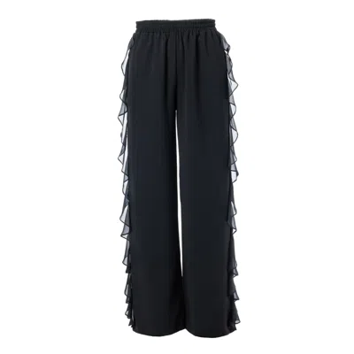 CONCEPT A TROIS WOMEN'S BLACK WIDE LEG TROUSERS WITH RUFFLES