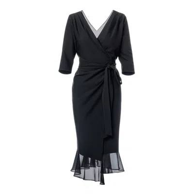 CONCEPT A TROIS WOMEN'S BLACK WRAP DRESS WITH SILK RUFFLES