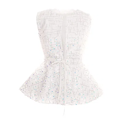 CONCEPT A TROIS WOMEN'S SHORT, CAMBRATE, SEQUIN VEST WITH DRAWSTRING AT THE WAIST - WHITE