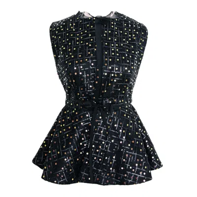 CONCEPT A TROIS WOMEN'S SHORT VEST WITH SEQUINS AND CORD AT THE WAIST - BLACK