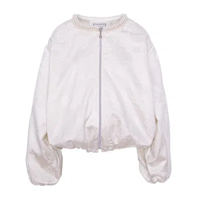CONCEPT A TROIS WOMEN'S WHITE PEARL-EMBELLISHED JACQUARD BOMBER WITH FLOWER DETAILS- SPECIAL CAPSULE SELF READY TO W