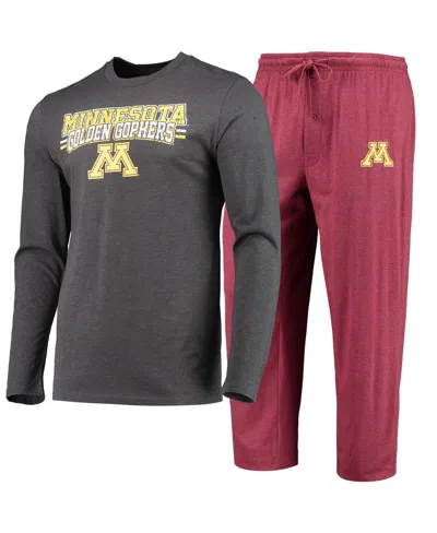 CONCEPTS SPORT MEN'S CONCEPTS SPORT MAROON, HEATHERED CHARCOAL MINNESOTA GOLDEN GOPHERS METER LONG SLEEVE T-SHIRT A