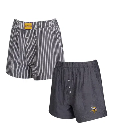 CONCEPTS SPORT WOMEN'S 2-PACK BLACK MINNESOTA VIKINGS STRIPES AND SOLIDS BOXER SHORTS SET