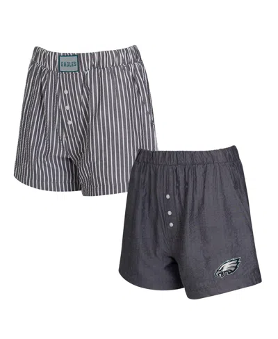 CONCEPTS SPORT WOMEN'S 2-PACK BLACK PHILADELPHIA EAGLES STRIPES AND SOLIDS BOXER SHORTS SET