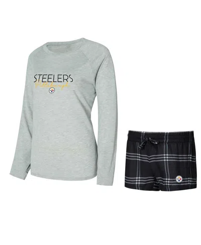 CONCEPTS SPORT WOMEN'S BLACK/GRAY PITTSBURGH STEELERS PETITION RAGLAN LONG SLEEVE T-SHIRT AND SHORTS SET