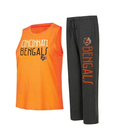 CONCEPTS SPORT WOMEN'S CONCEPTS SPORT BLACK, ORANGE DISTRESSED CINCINNATI BENGALS MUSCLE TANK TOP AND PANTS LOUNGE 