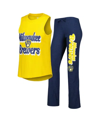 CONCEPTS SPORT WOMEN'S CONCEPTS SPORT NAVY, GOLD MILWAUKEE BREWERS WORDMARK METER MUSCLE TANK TOP AND PANTS SLEEP S