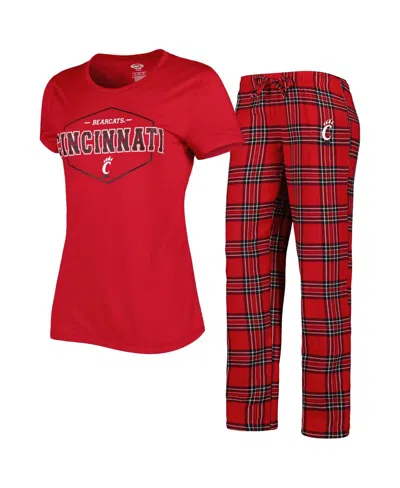 CONCEPTS SPORT WOMEN'S CONCEPTS SPORT RED, BLACK CINCINNATI BEARCATS BADGE T-SHIRT AND FLANNEL PANTS SLEEP SET