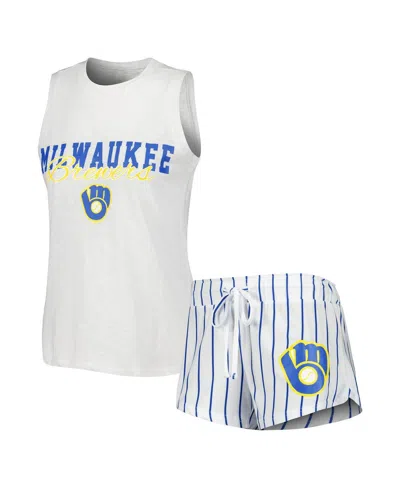 CONCEPTS SPORT WOMEN'S CONCEPTS SPORT WHITE MILWAUKEE BREWERS REEL PINSTRIPE TANK TOP AND SHORTS SLEEP SET