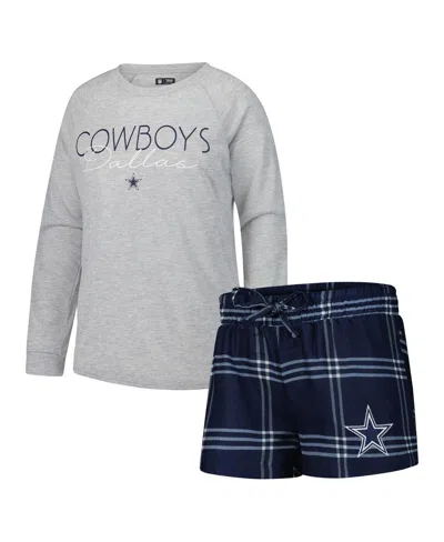 CONCEPTS SPORT WOMEN'S NAVY/GRAY DALLAS COWBOYS PETITION RAGLAN LONG SLEEVE T-SHIRT AND SHORTS SET