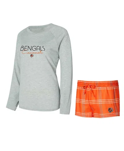 CONCEPTS SPORT WOMEN'S ORANGE/GRAY CINCINNATI BENGALS PETITION RAGLAN LONG SLEEVE T-SHIRT AND SHORTS SET