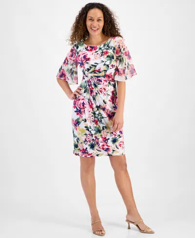 CONNECTED PETITE PRINTED RUCHED-WAIST FLUTTER-SLEEVE DRESS