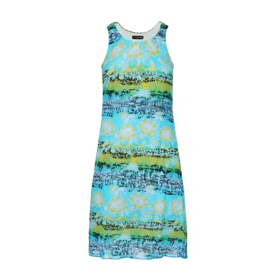 CONQUISTA WOMEN'S SLEEVELESS SUMMER DRESS – MULTICOLOR FLORAL PRINT, SHEER NYLON OVERLAY, FULLY LINED IN COTTO