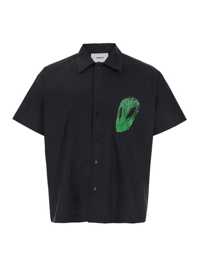 COPERNI BLACK SHIRT WITH CLASSIC COLLAR AND PRINT ON THE FRONT IN COTTON MAN