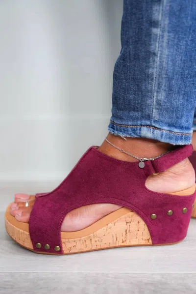 CORKYS FOOTWEAR SUEDE CARLEY WEDGES (CA) (B-4) IN BERRY