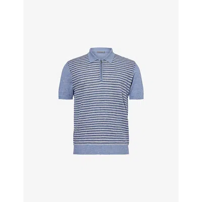 CORNELIANI MENS DARK CERUOLE BLUE STRIPE-PATTERN KNITTED LINEN AND SILK-BLEND POLO SHIRT