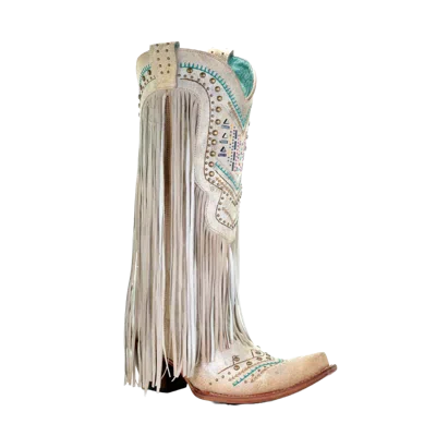 CORRAL BOOTS CORRAL LADIES BONE CRYSTAL PATTERN AND FRINGE SNIP TOE BOOT C3424