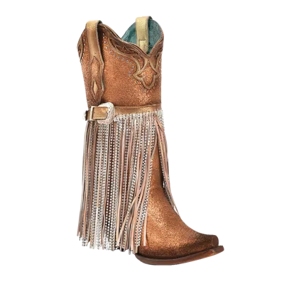 CORRAL BOOTS CORRAL LADIES OVERLAY BRONZE METALLIC HARNESS FRINGE LEATHER BOOTS A4537