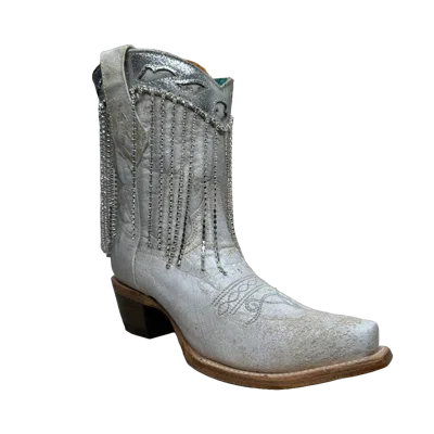 CORRAL BOOTS CORRAL LADIES WHITE-SILVER OVERLAY & FRINGE SNIP TOE ANKLE BOOTS Z5250