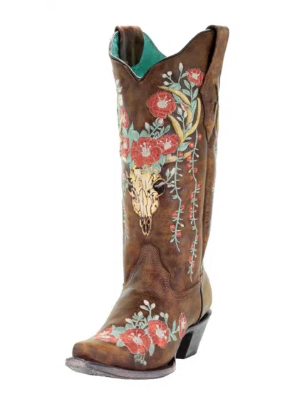 CORRAL BOOTS CORRAL TAN DEER SKULL OVERLAY AND FLORAL EMBROIDERED BOOTS A3652