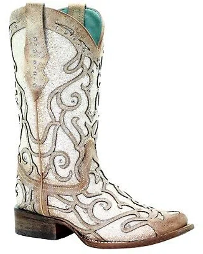 CORRAL BOOTS CORRAL WOMEN'S WHITE GLITTER INLAY WESTERN BOOT - SQUARE TOE - C3482