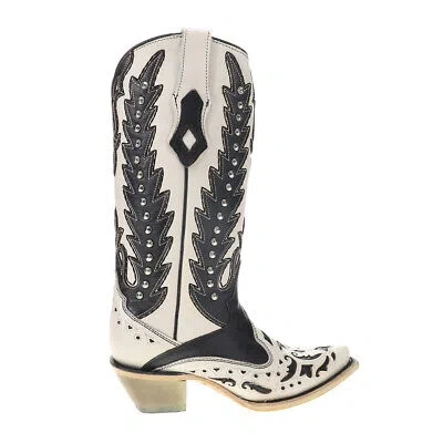 CORRAL BOOTS CORRAL BOOTS EMBROIDERED STUDDED OVERLAY SNIP TOE COWBOY WOMENS BLACK, WHITE CA