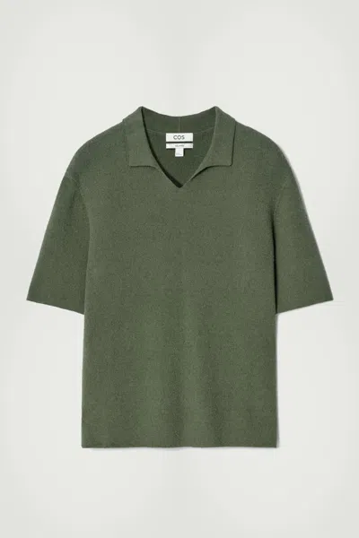 COS OPEN-COLLAR BOUCLÉ-KNIT POLO SHIRT IN GREEN