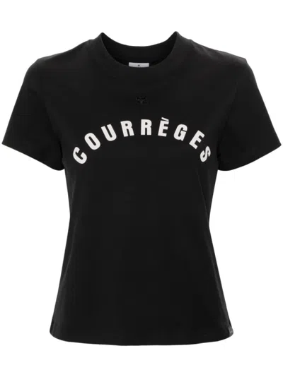 COURRÈGES WOMEN BLACK LOGO PRINT T-SHIRT, M LUXURY T-SHIRTS FOR WOMEN DARVEYS