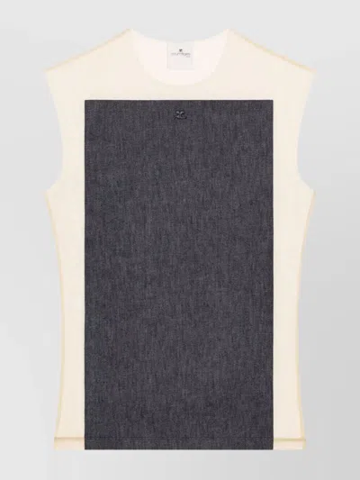 COURRÈGES SHORT SLEEVES WITH DENIM PANEL AND SQUARE NECKLINE