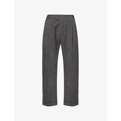 CRAIG GREEN MENS BLACK + WHITE STRIPE PLEATED STRAIGHT-LEG RELAXED-FIT COTTON-BLEND TROUSERS